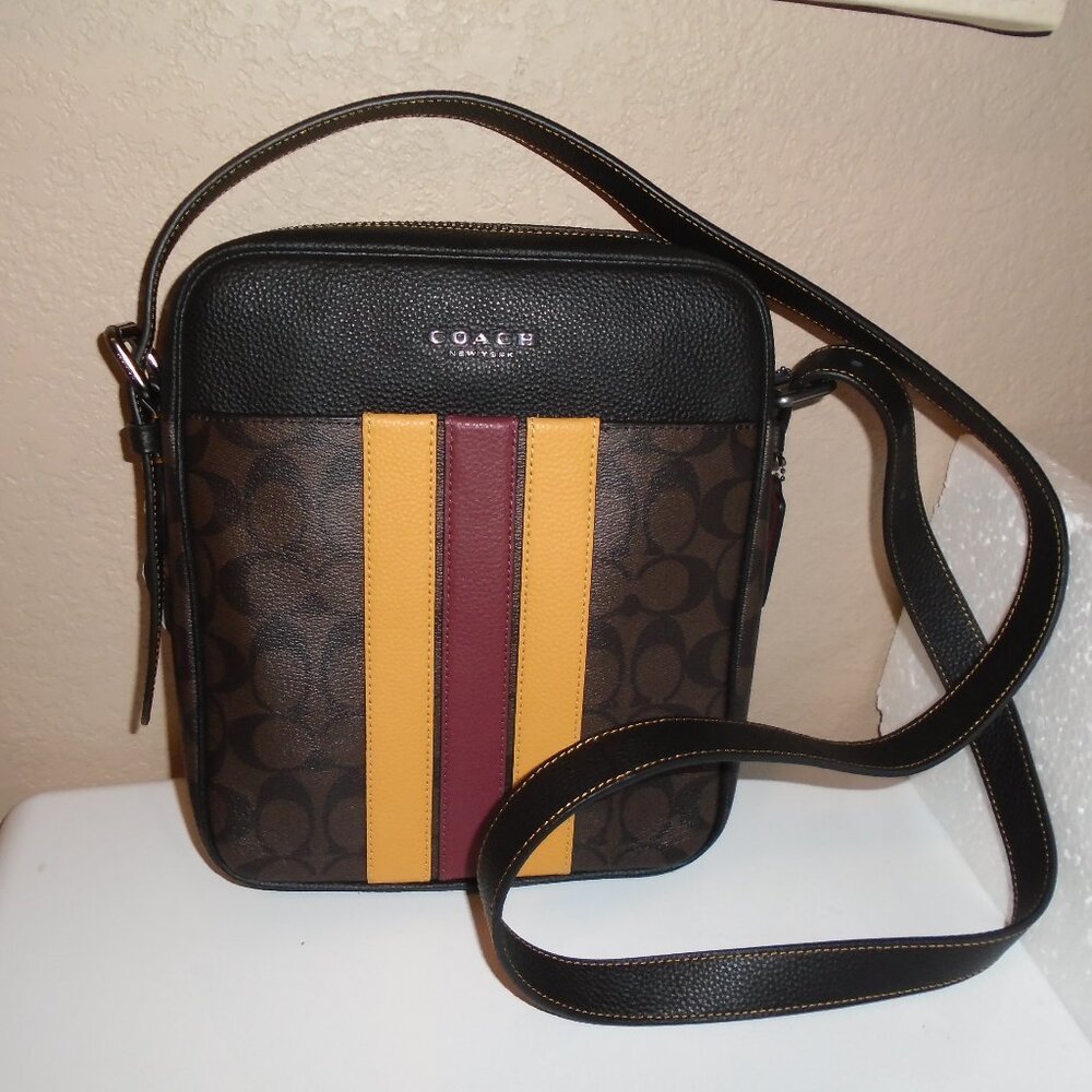 NEW COACH HUDSON VARSITY STRIPE SIGNATURE C COATED CANVAS FLIGHT BAG CB907